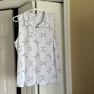 White sleeveless golf shirt with black golf clubs, design side large